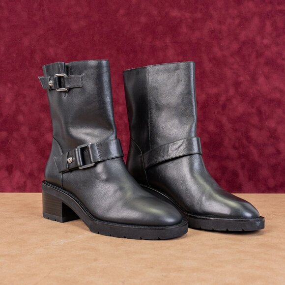 Stuart Weitzman Women Boulevard Black Leather Moto Buckle Mid Calf Boots sz 9 - Picture 1 of 8